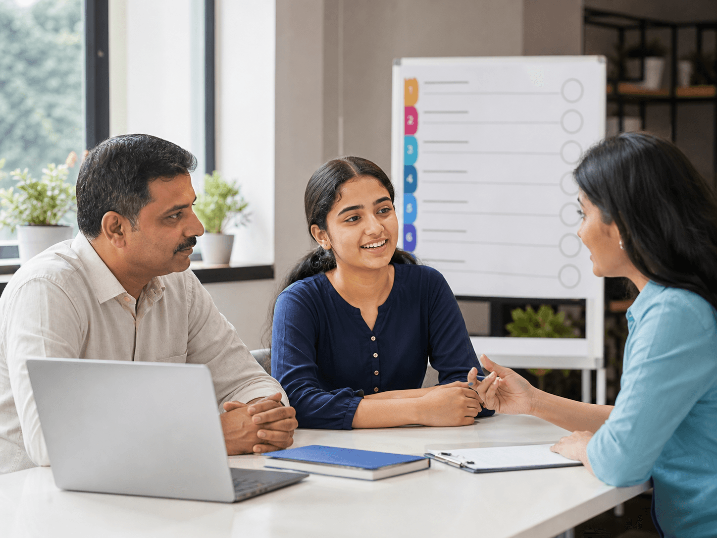NEET UG aspirant and parent discussing medical college preferences with a counsellor