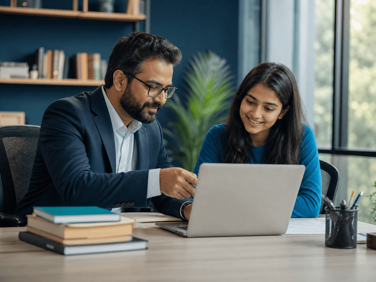 Admission counsellor reviewing an application plan with a student