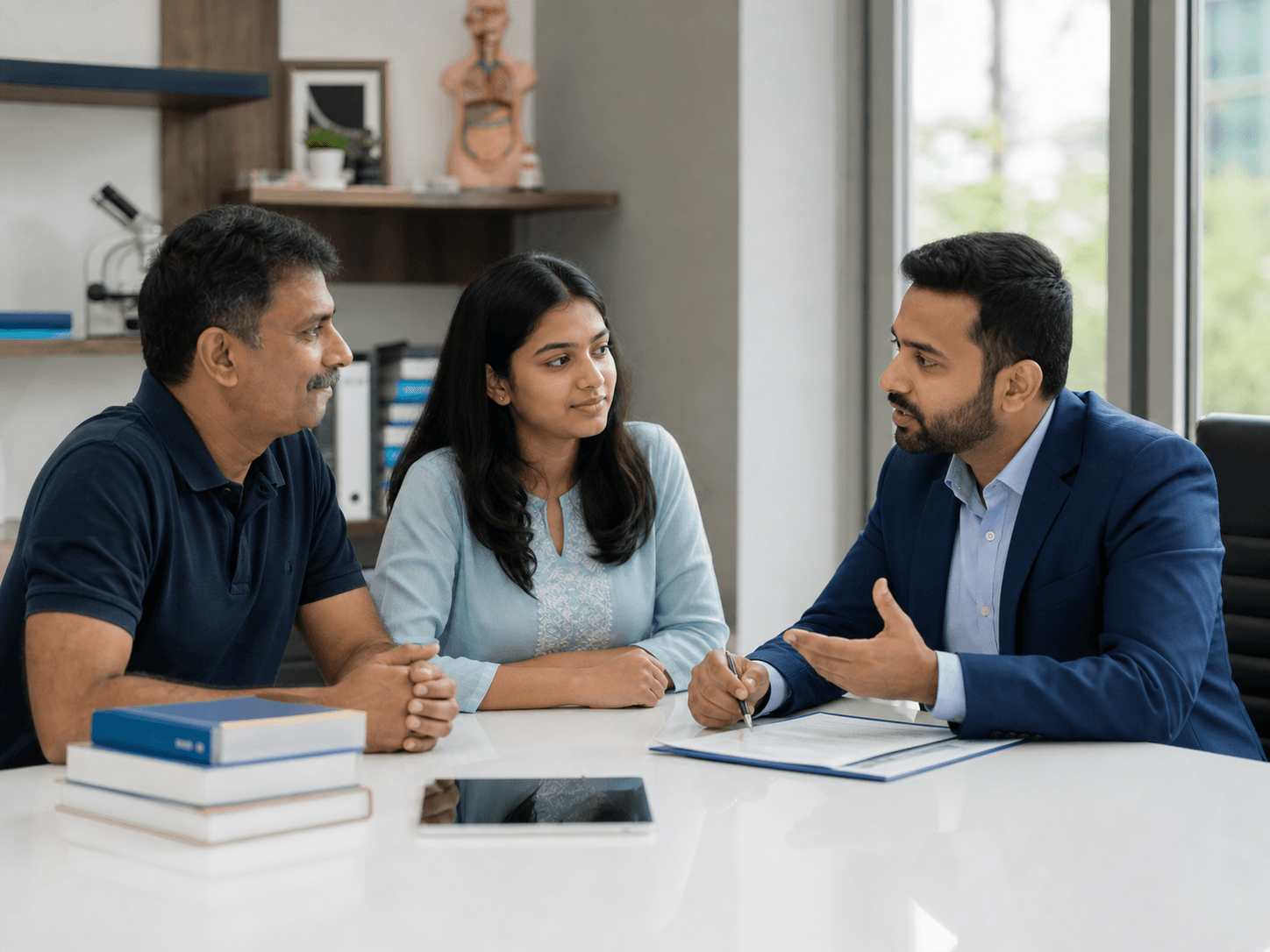 Medical aspirant and family comparing admission pathways with an education counsellor