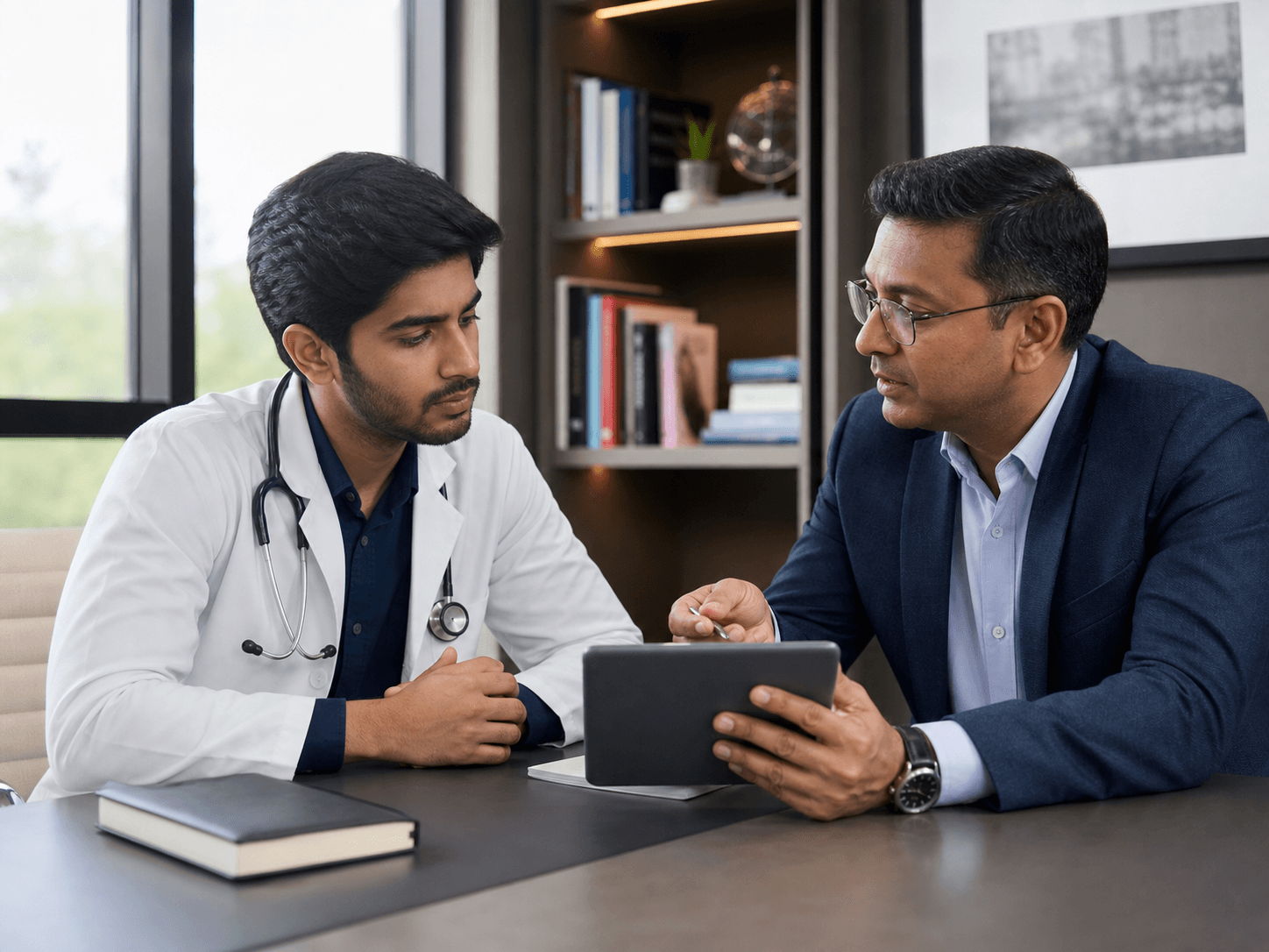 Young doctor reviewing NEET PG specialisation choices with an admission mentor
